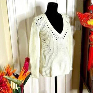 Calypso St. Barth Super Soft Open Knit Wool V-Neck Sweater Ivory XS